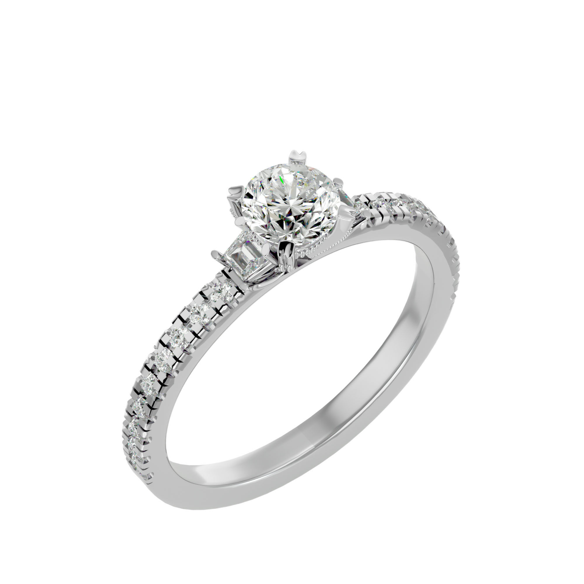 Tri Diamond solitaire wedding engagement ring with 360 view 3D print model_10