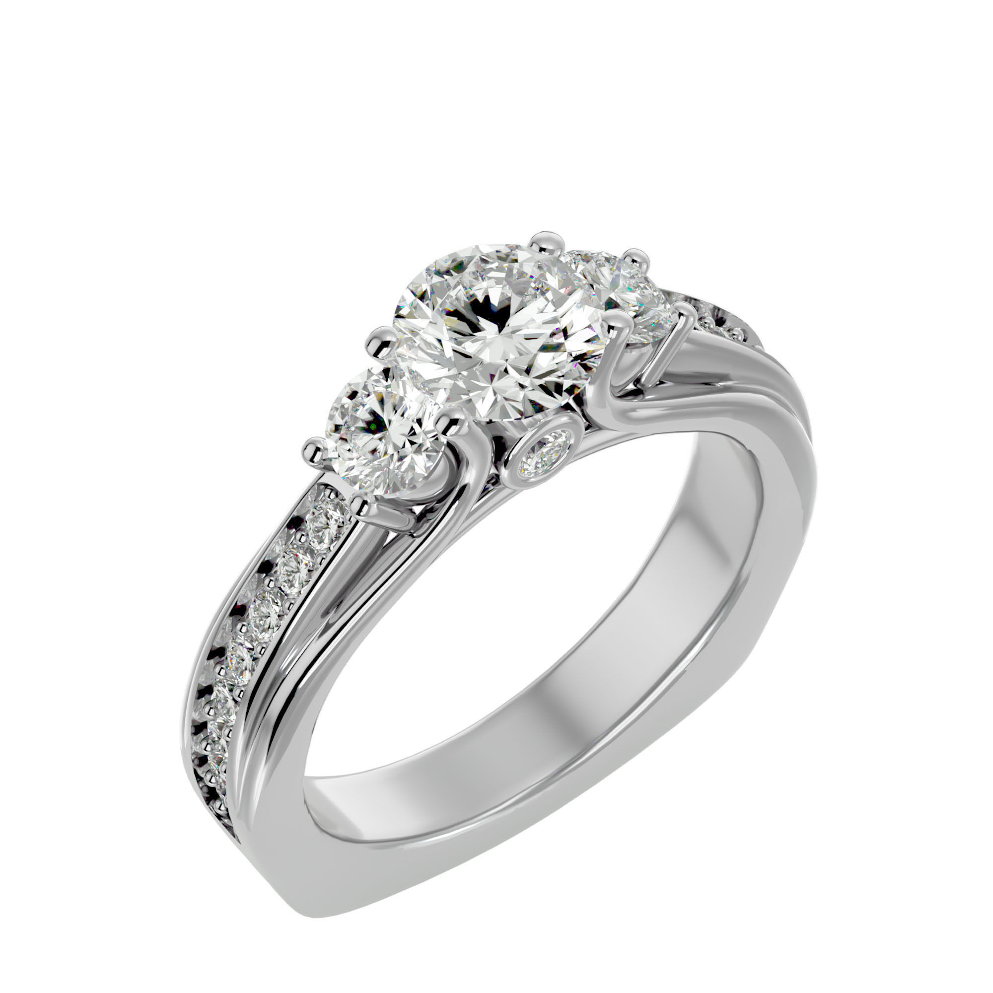 Tri Diamond solitaire wedding engagement ring with 360 view 3D print model_10