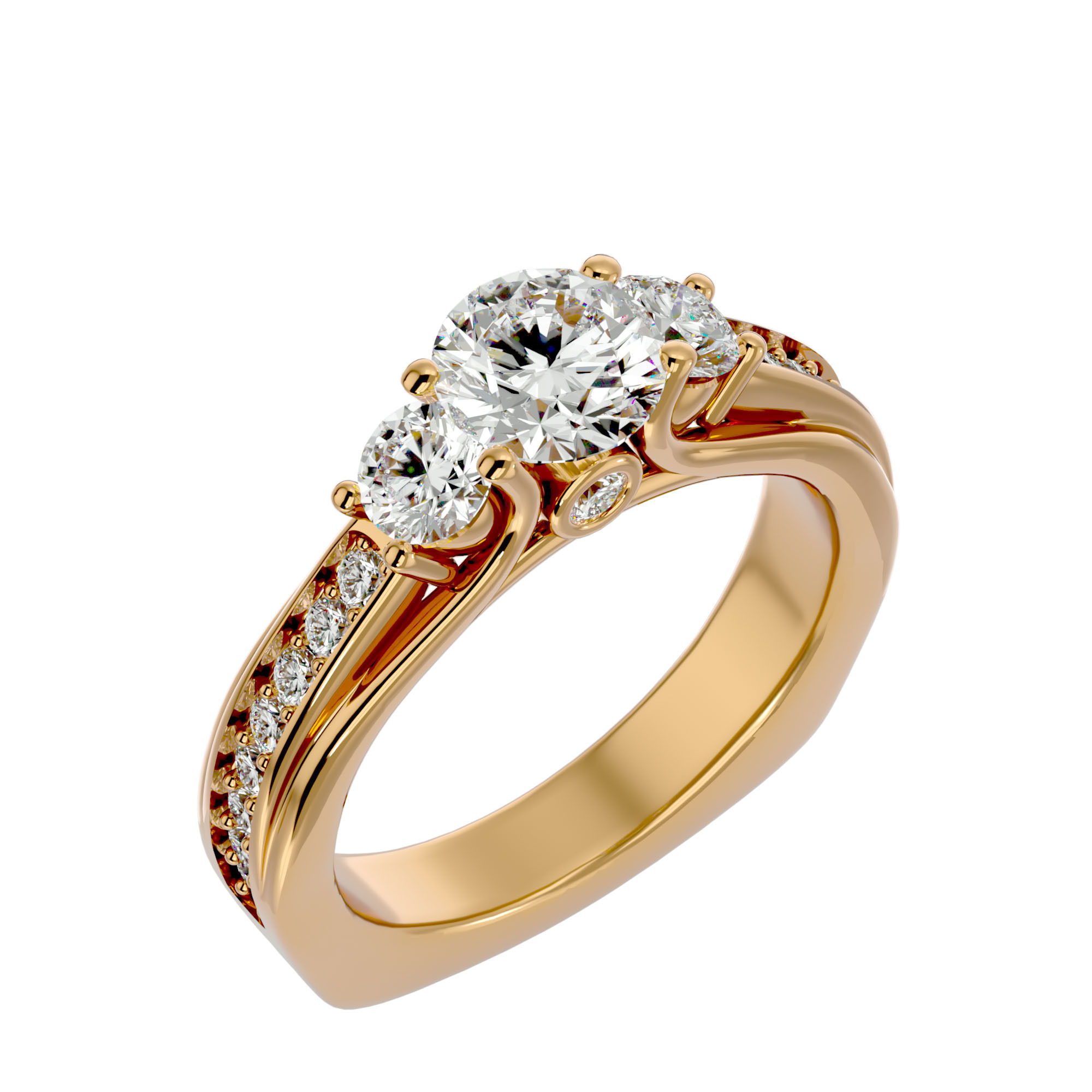 Tri Diamond solitaire wedding engagement ring with 360 view 3D print model_11