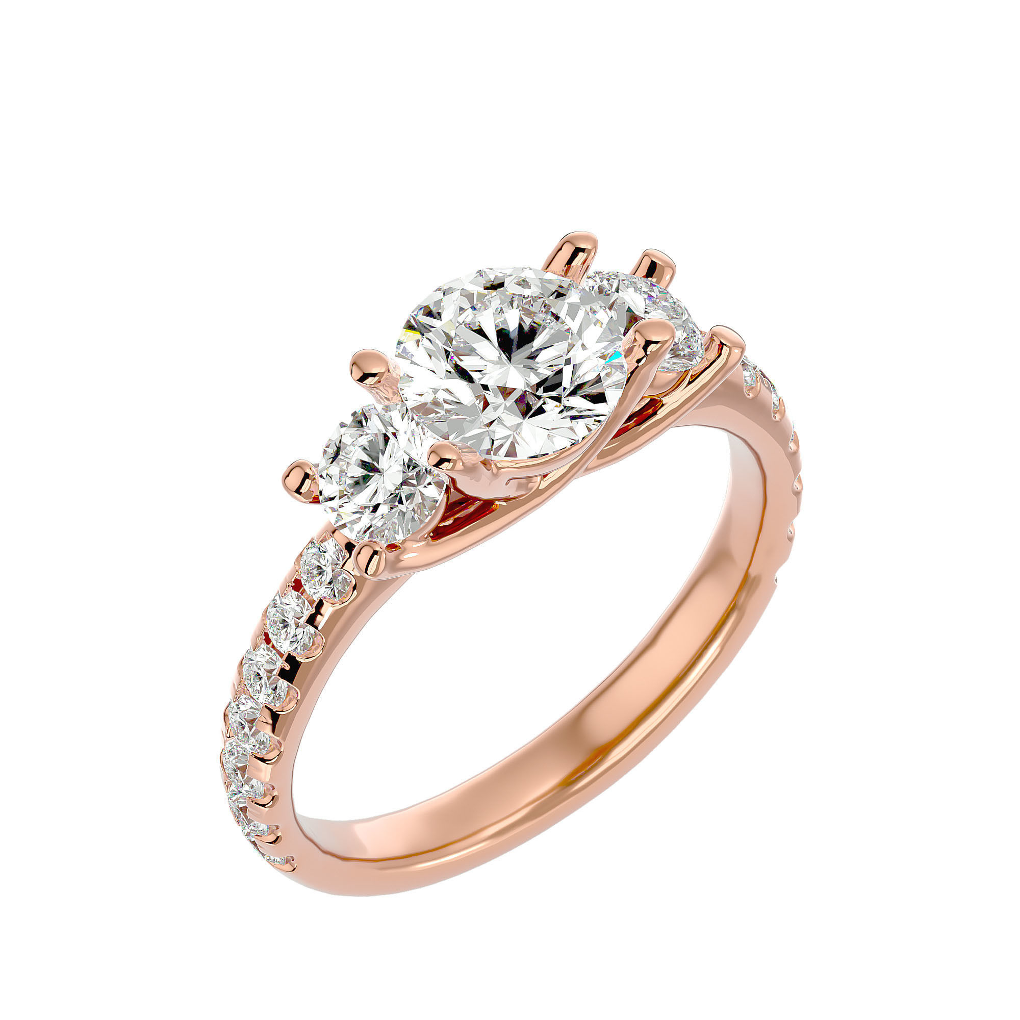 Tri Diamond solitaire wedding engagement ring with 360 view 3D print model_12