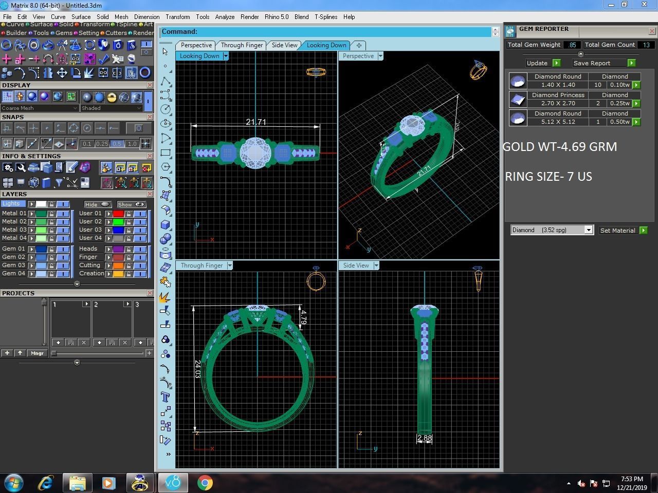 Tri Diamond solitaire wedding engagement ring with 360 view 3D print model_6