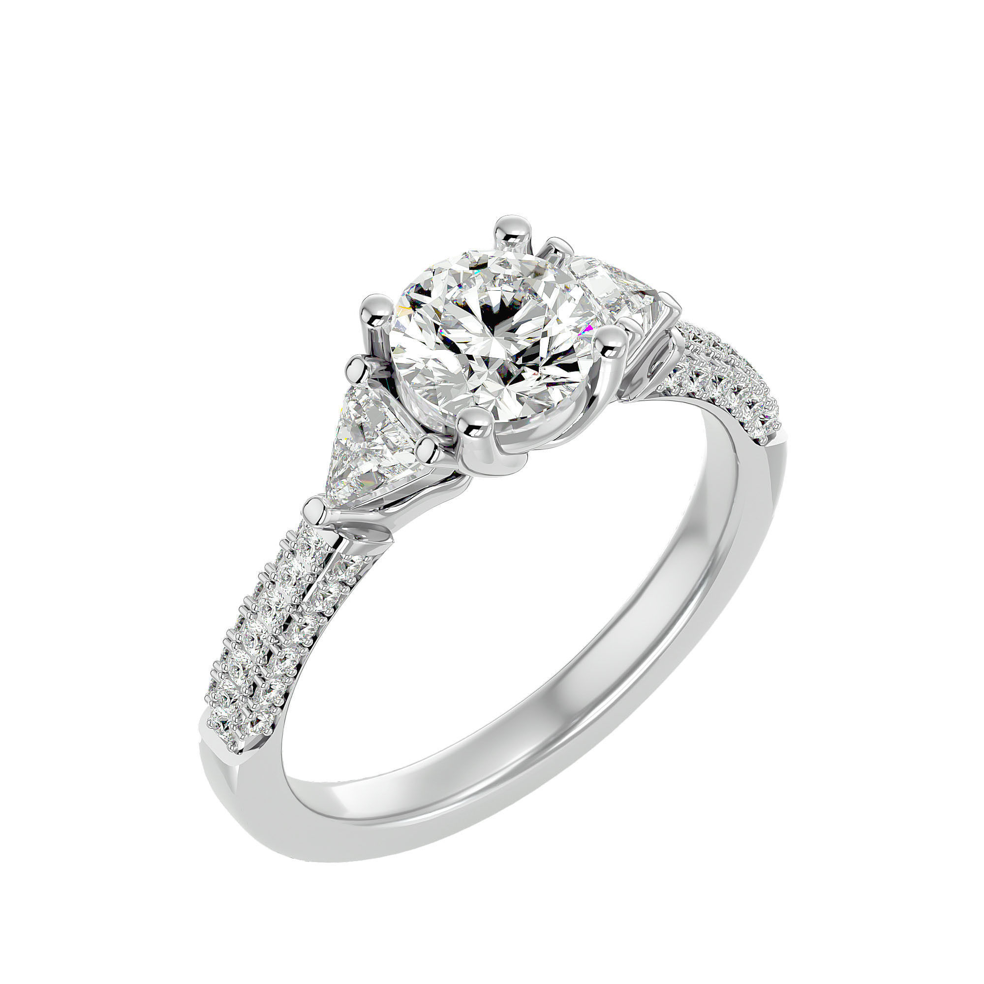 Tri Diamond solitaire wedding engagement ring with 360 view 3D print model_10