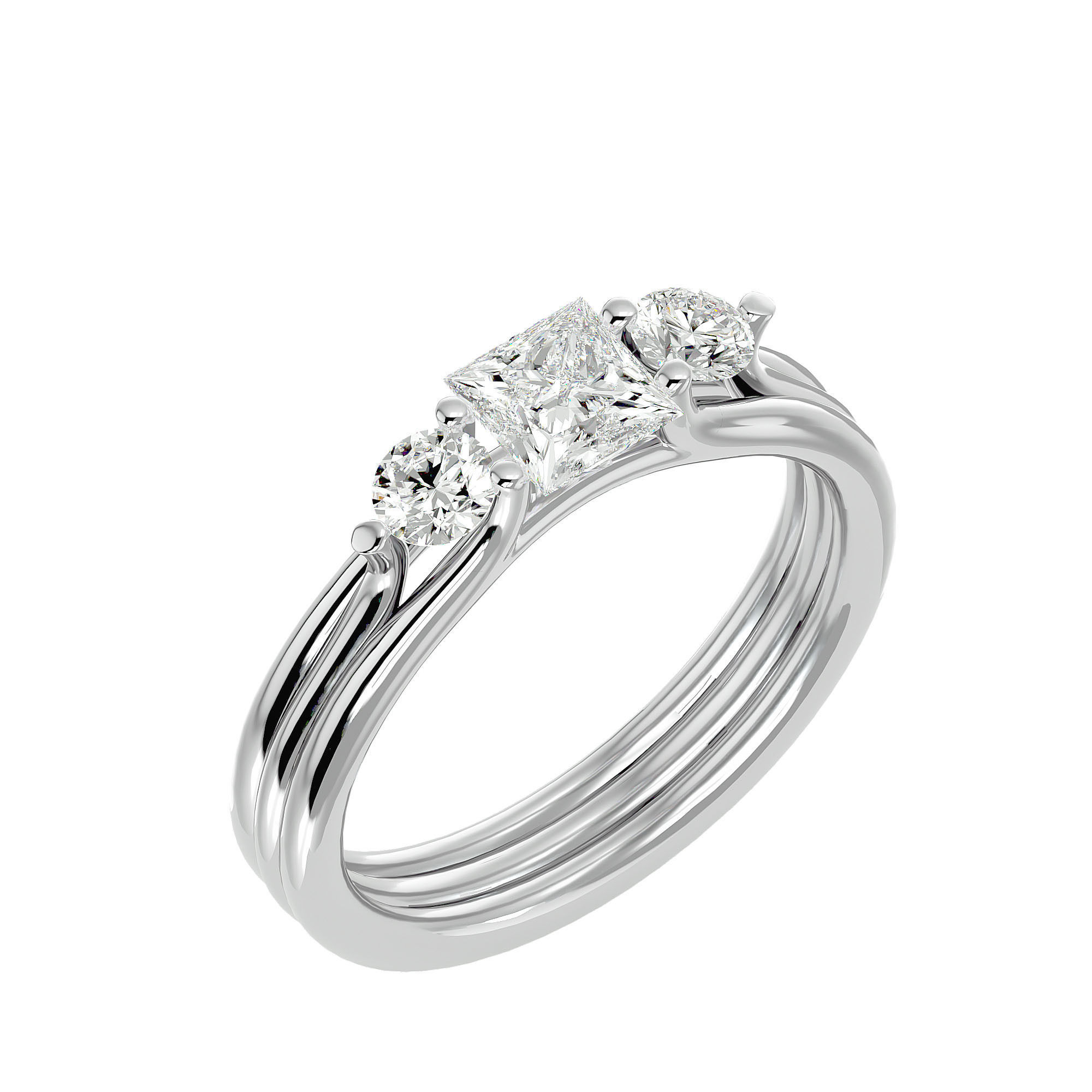Tri Diamond solitaire wedding engagement ring with 360 view 3D print model_10