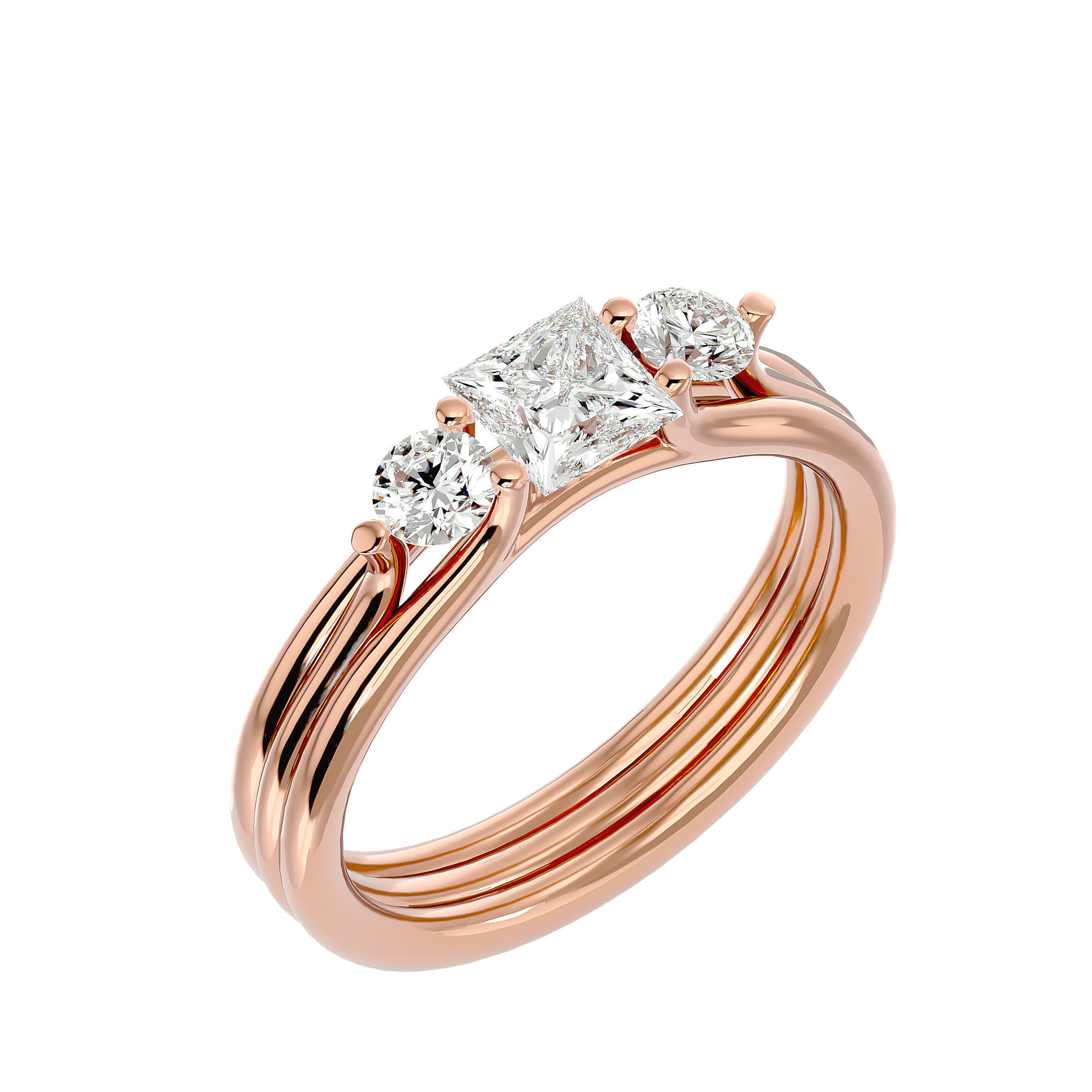 Tri Diamond solitaire wedding engagement ring with 360 view 3D print model_12