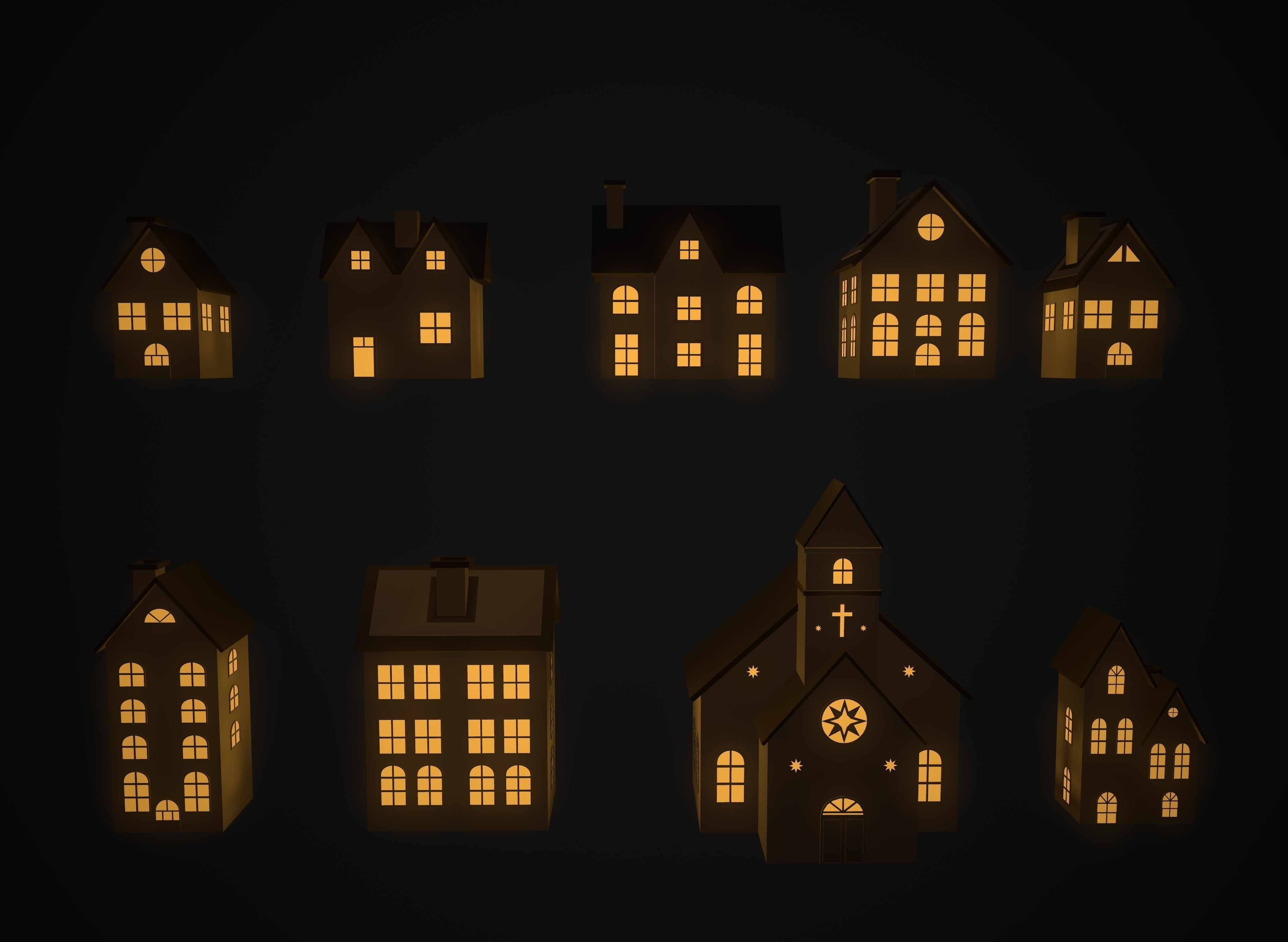 Christmas village houses Low-poly 3D model_0