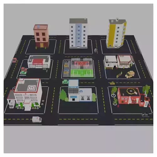 Low Poly City with buildings and cars