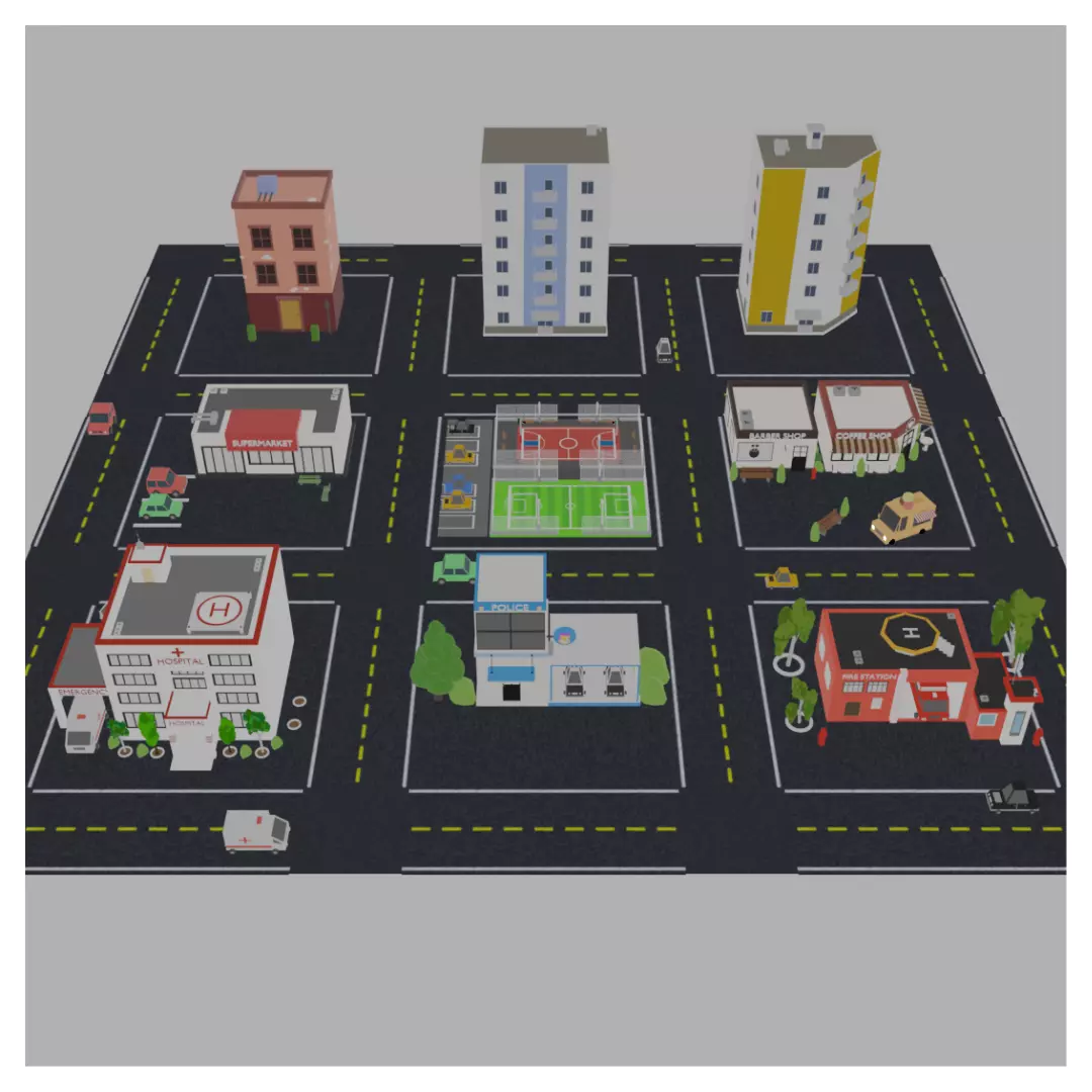 Low Poly City with buildings and cars 3D model_0