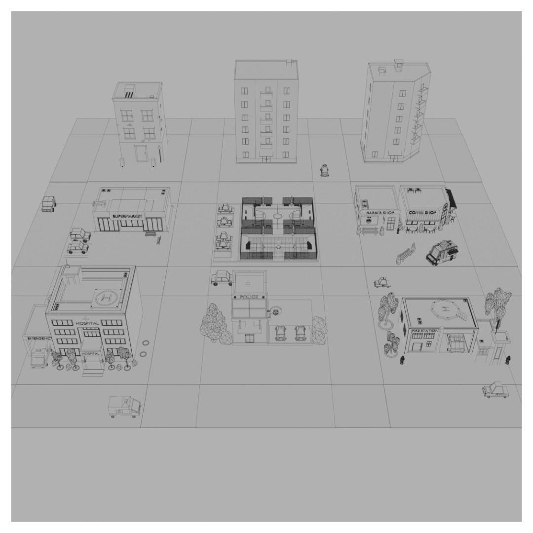 Low Poly City with buildings and cars 3D model_1