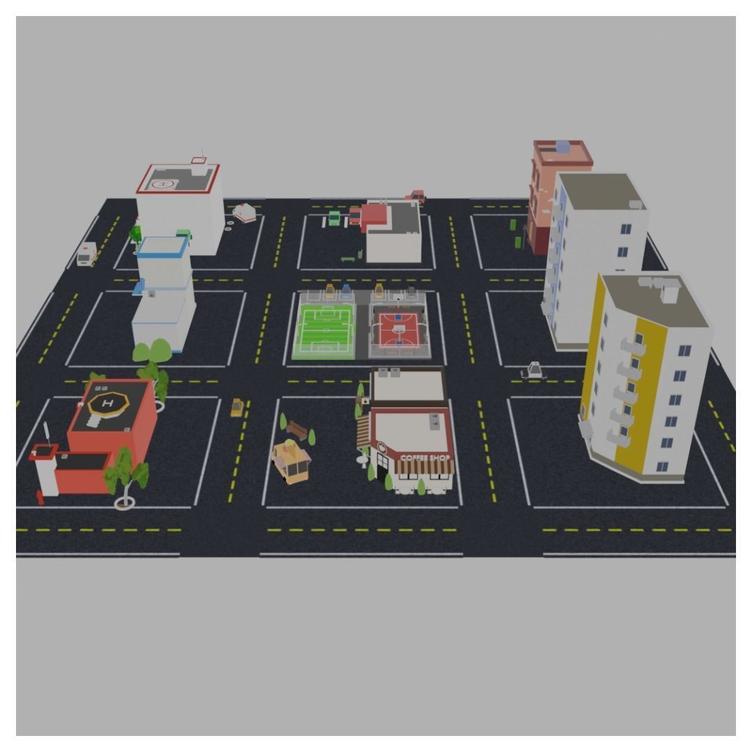 Low Poly City with buildings and cars 3D model_3
