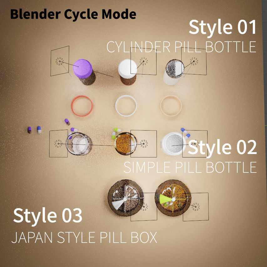 2 simple style pill bottle and 1 japan style pill box 3D model_1