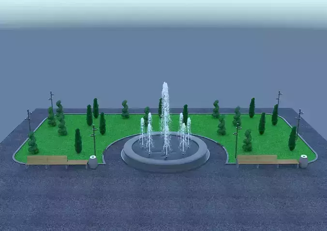 Model fountain and bench