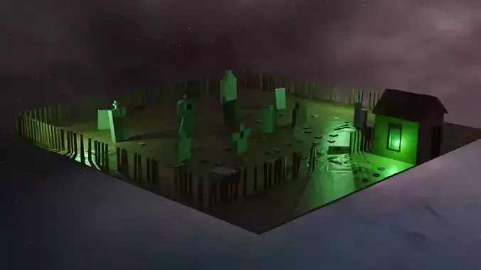 Low poly cemetery graveyard with lights