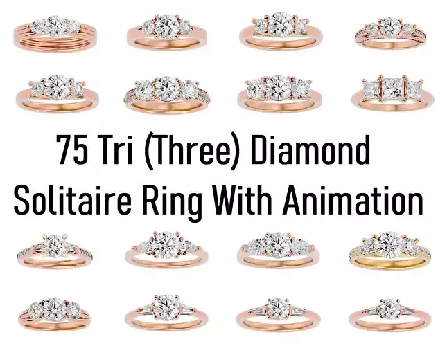 75 Tri Diamond solitaire wedding engagement ring with 360 view 3D Model Collection