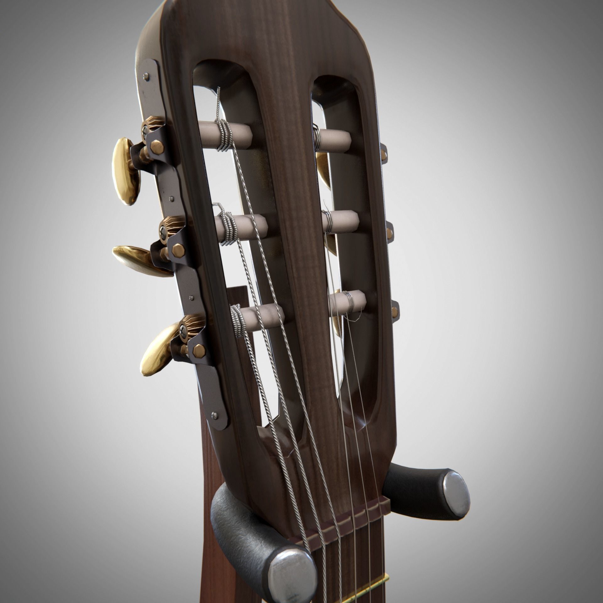 Classical acoustic guitar on a wooden rack Low-poly 3D model_9