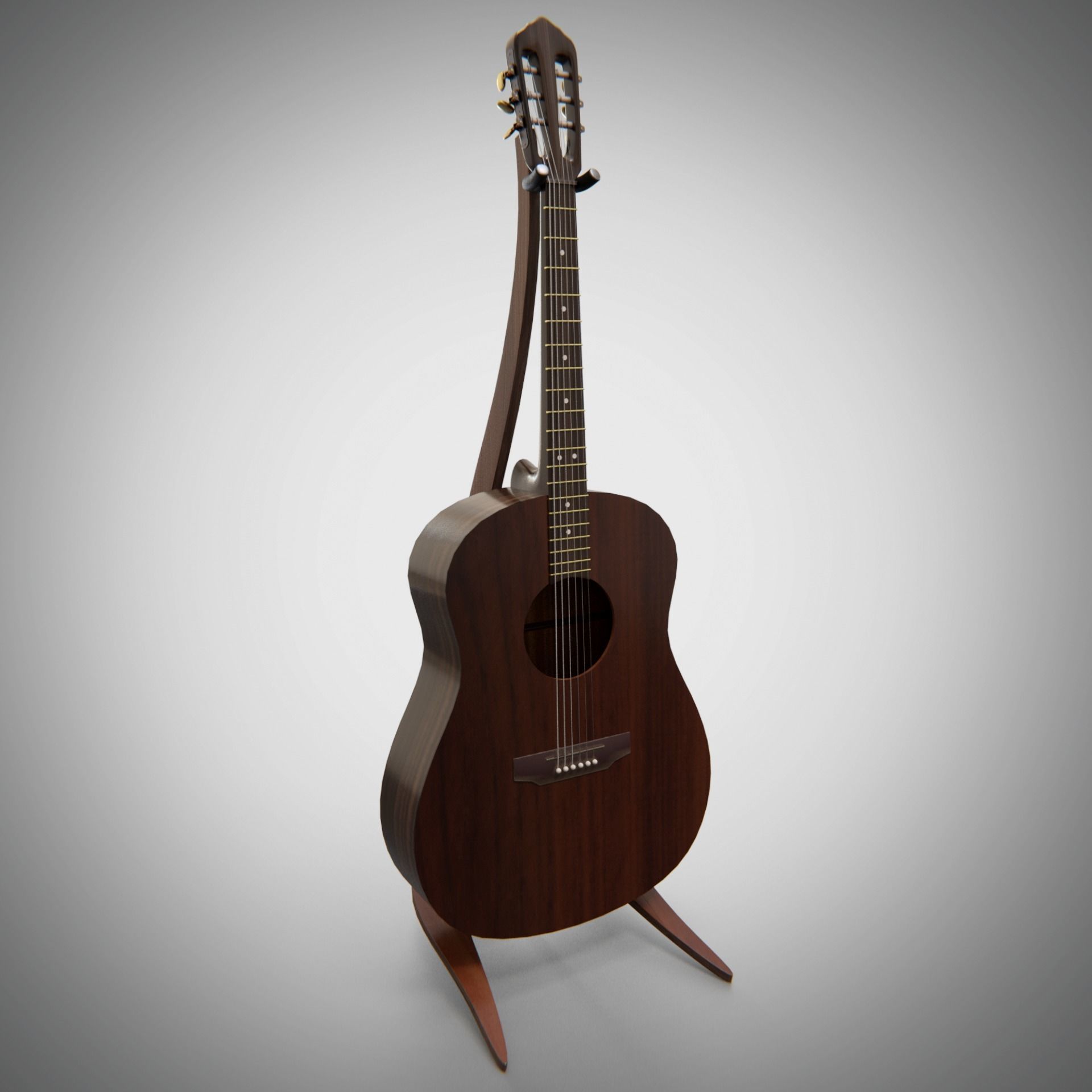 Classical acoustic guitar on a wooden rack Low-poly 3D model_1