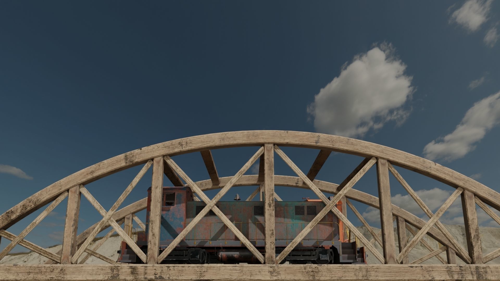 Old wooden bridge and locomotive 3D models Low-poly 3D model_1