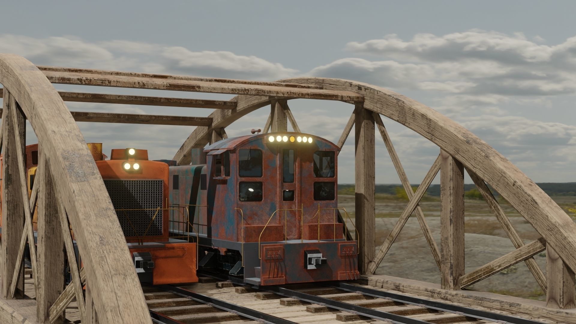 Old wooden bridge and locomotive 3D models Low-poly 3D model_6