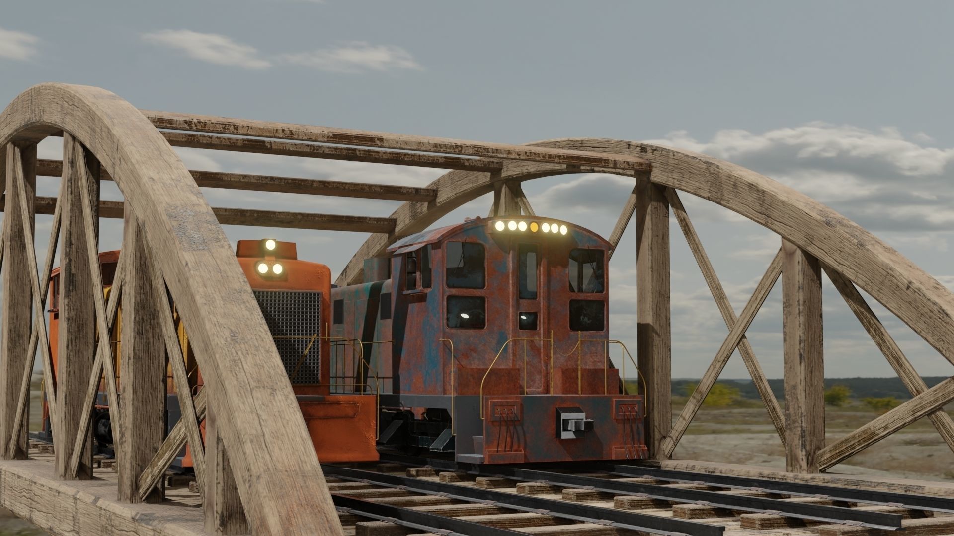 Old wooden bridge and locomotive 3D models Low-poly 3D model_5