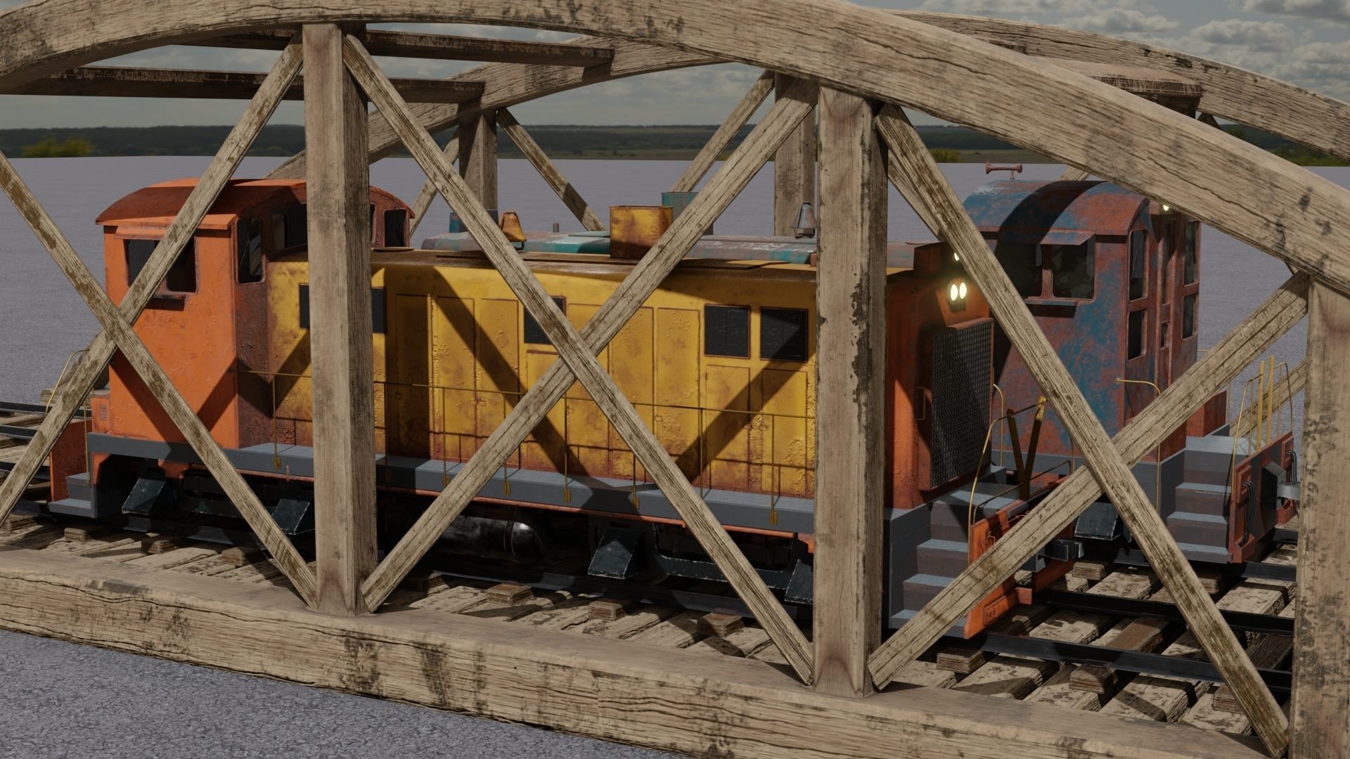 Old wooden bridge and locomotive 3D models Low-poly 3D model_16