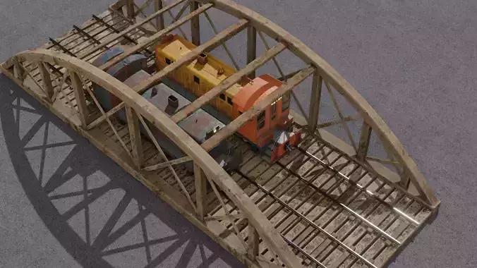 Old wooden bridge and locomotive 3D models