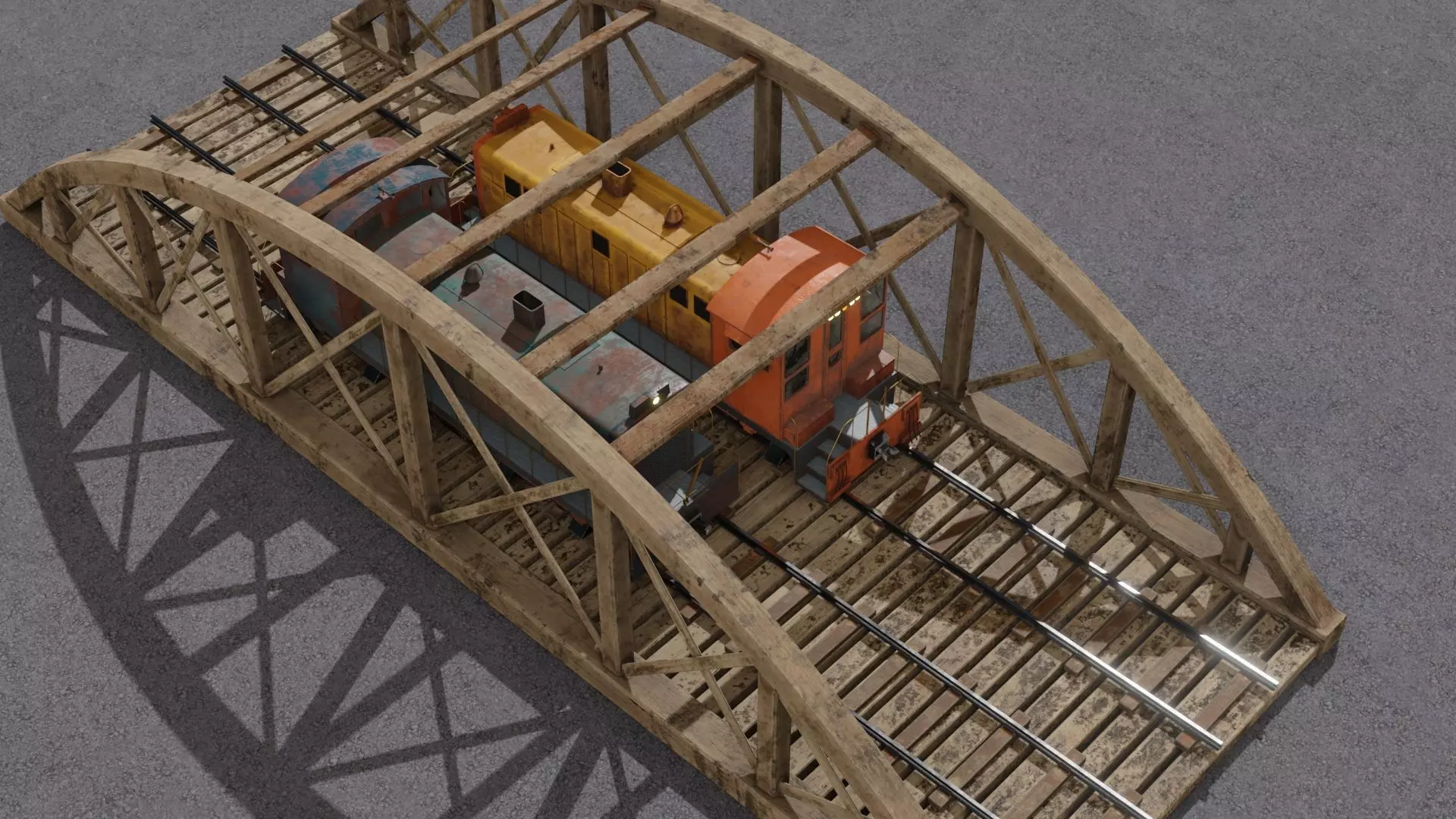 Old wooden bridge and locomotive 3D models Low-poly 3D model_0