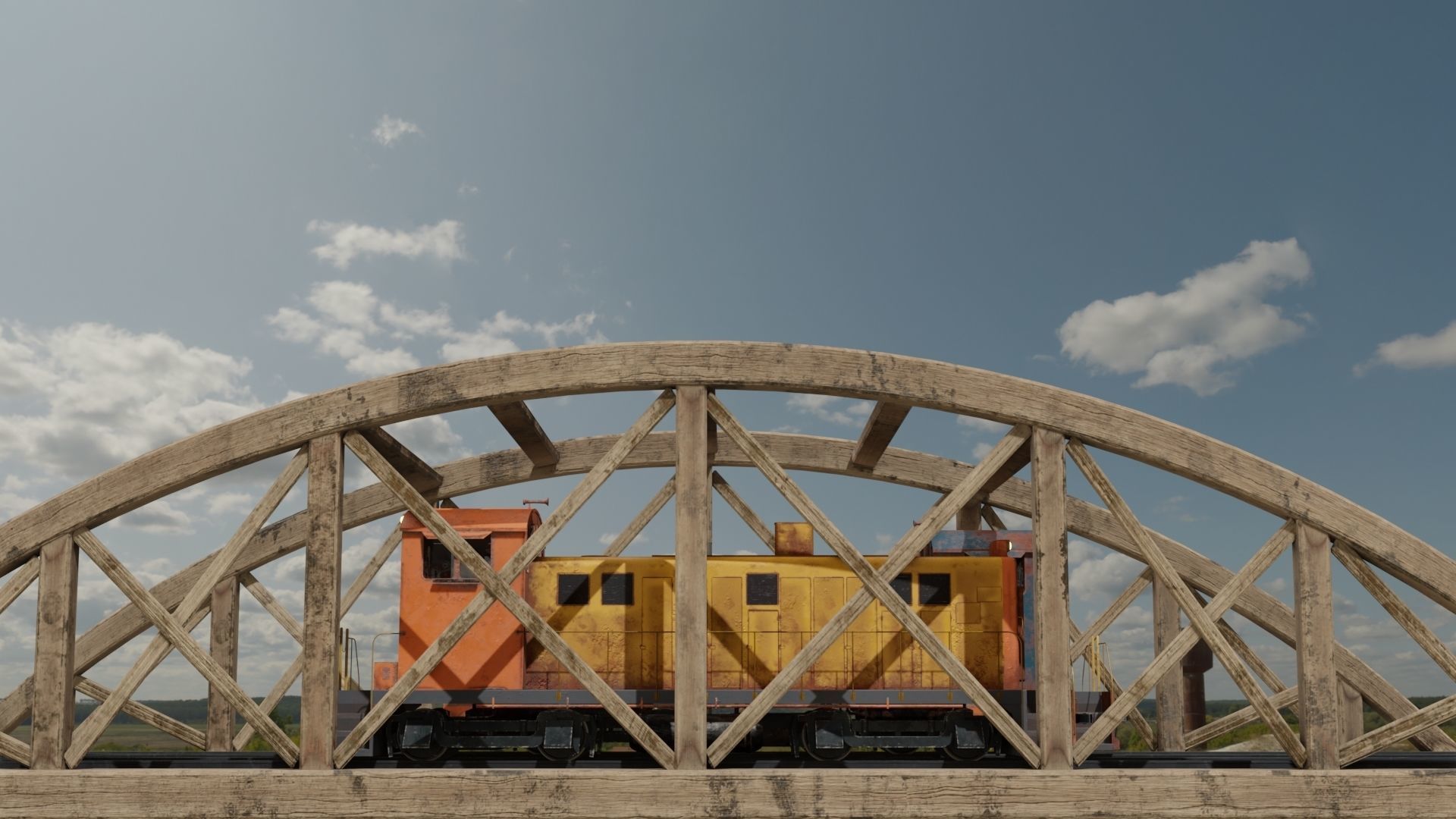 Old wooden bridge and locomotive 3D models Low-poly 3D model_7