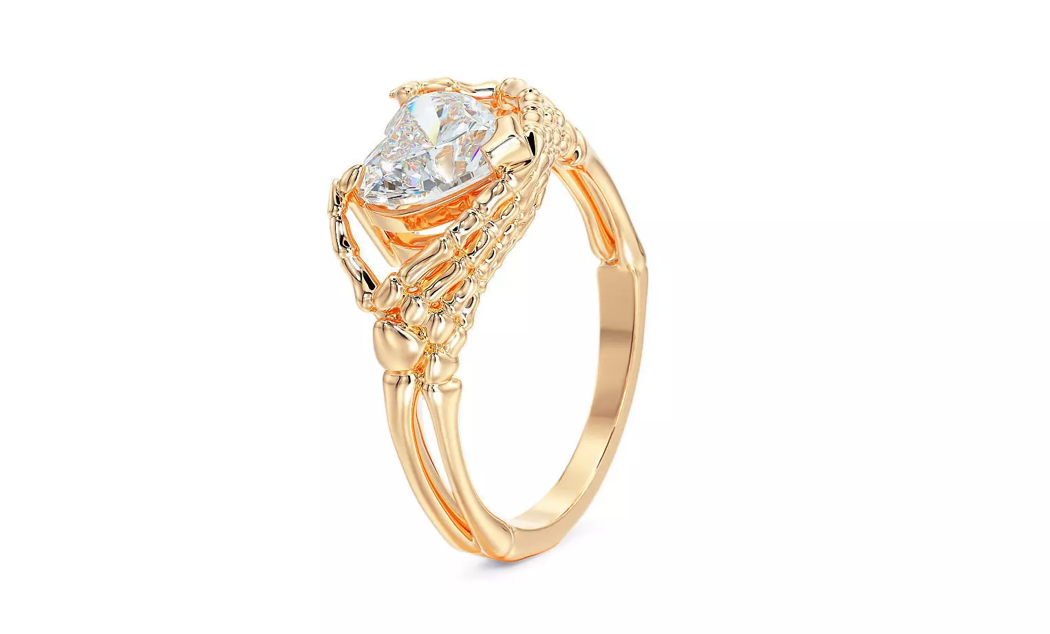gold skeleton hand ring with heart shape diamond 3D print model