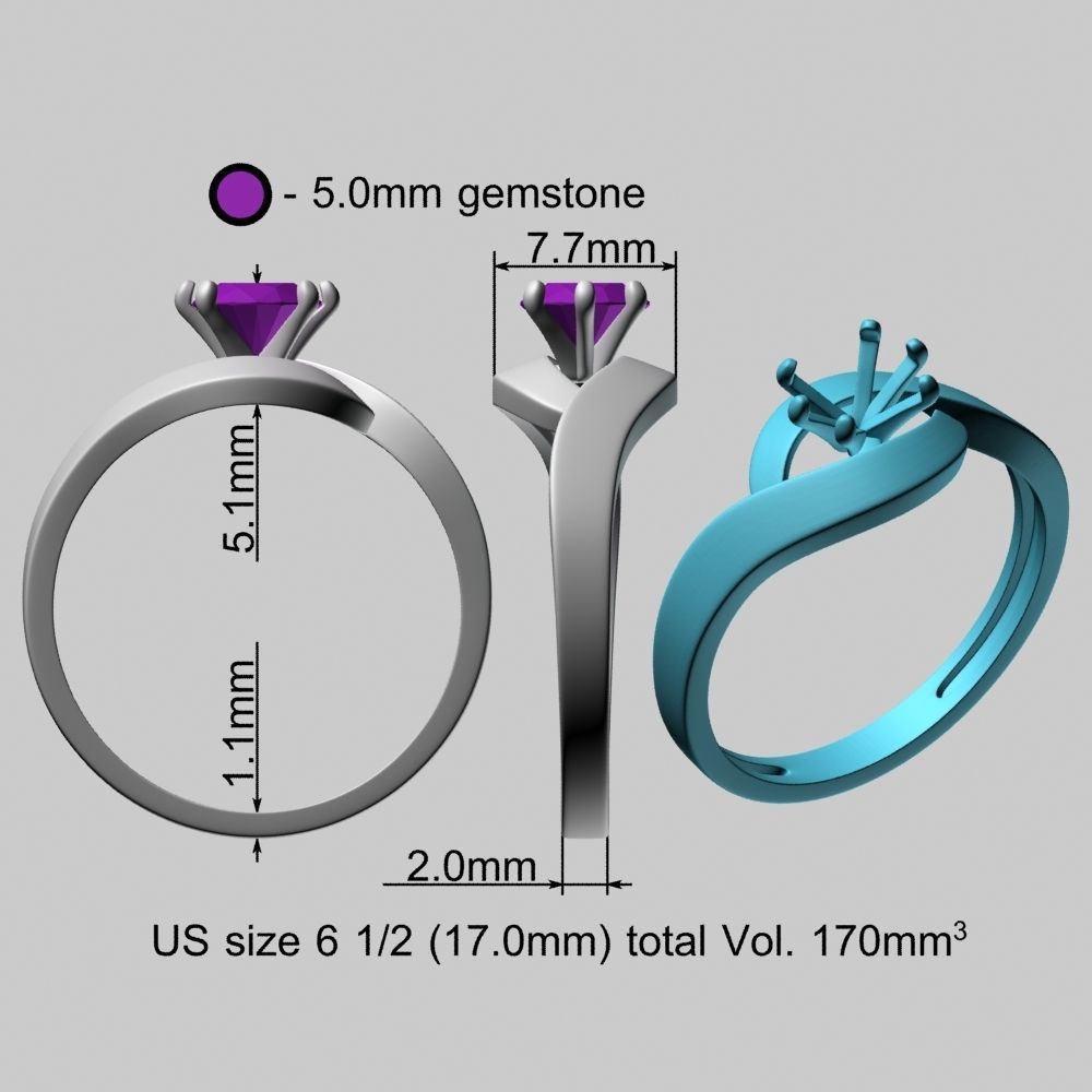 5mm Gemstone Gold Ring 3D print model_20