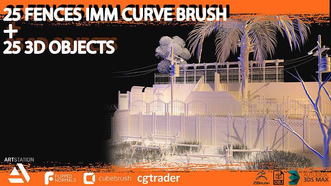 25 fences imm curved brush and 3d assets Low-poly 3D model