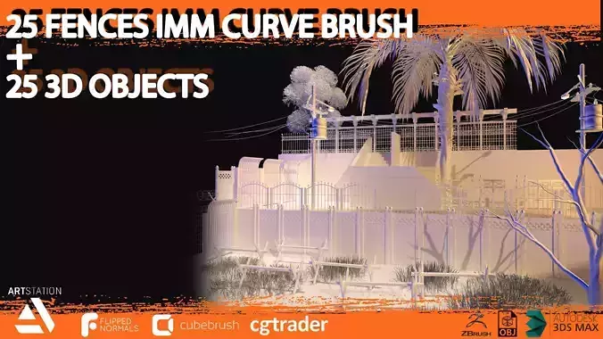25 fences imm curved brush and 3d assets Low-poly 3D model