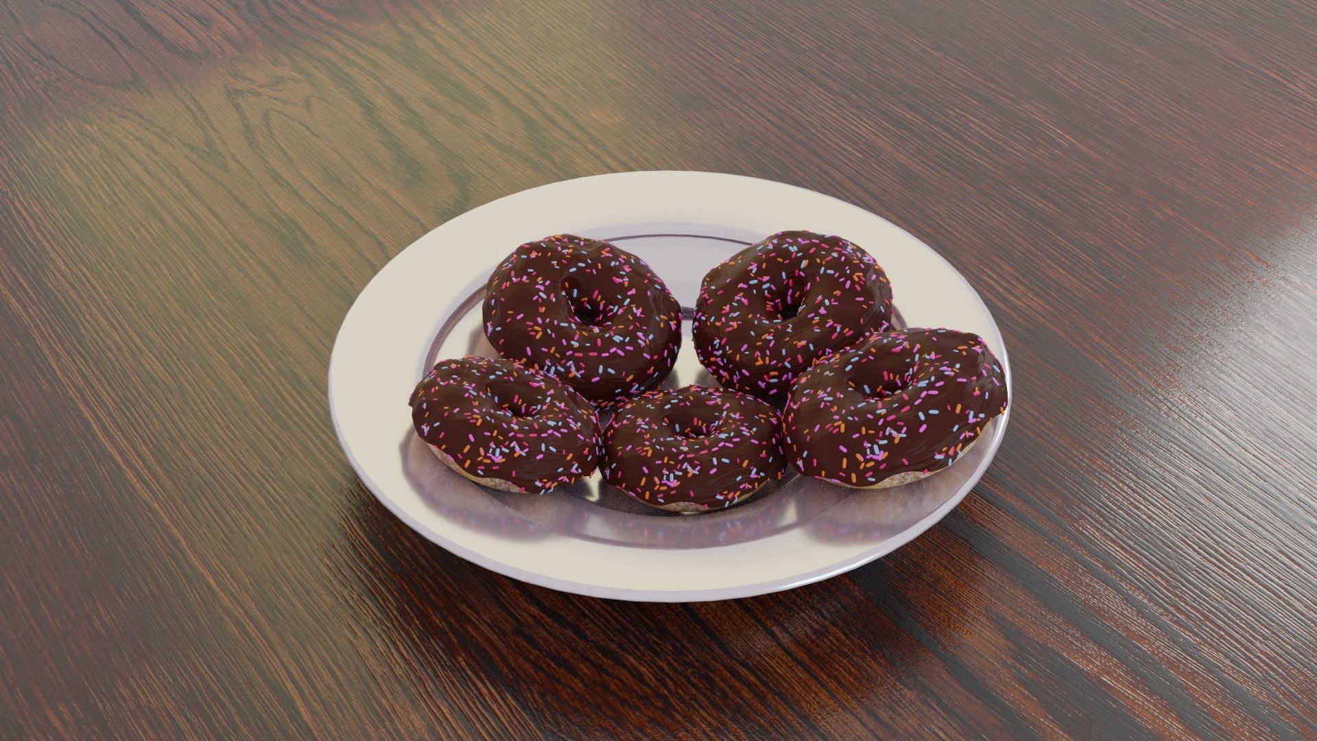 Donuts chocolate on plate on wooden table 3D model_2