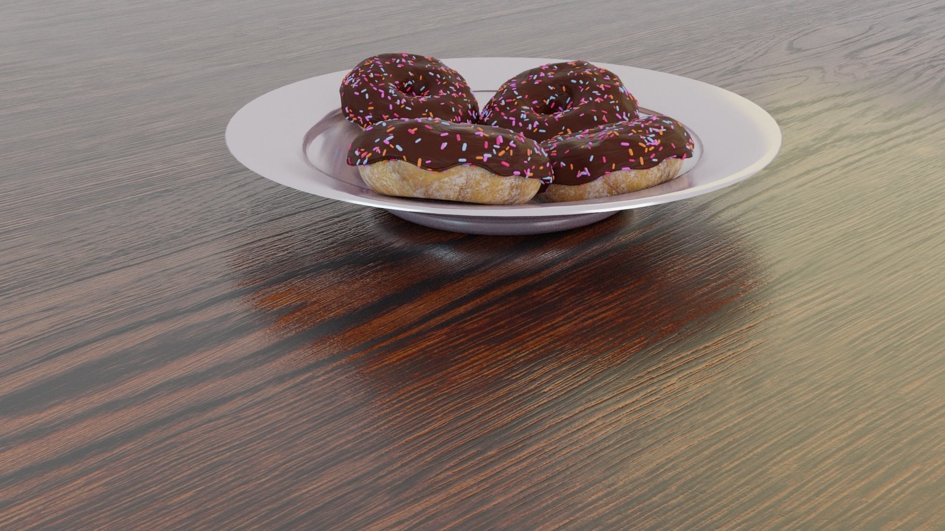 Donuts chocolate on plate on wooden table 3D model_3