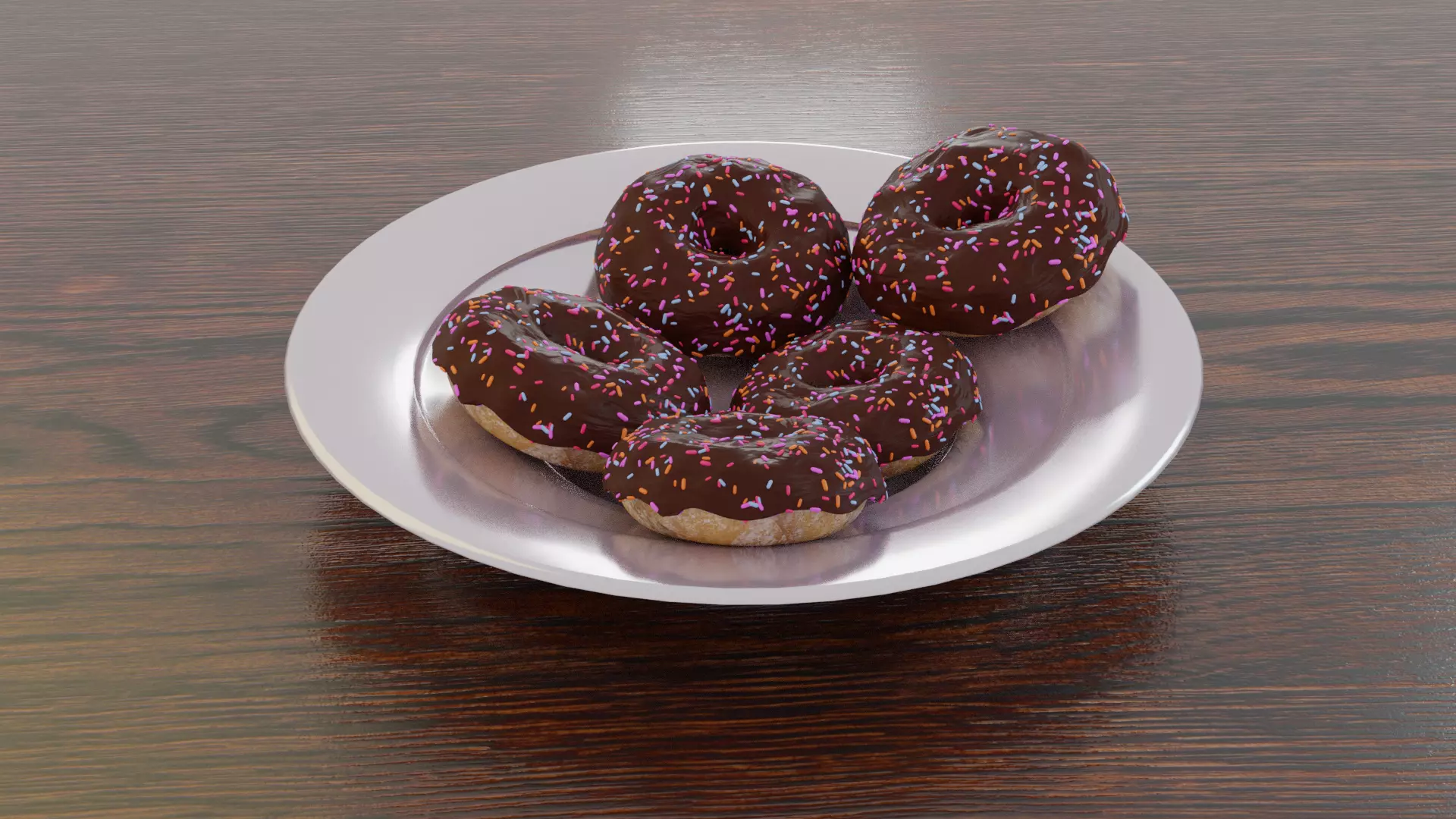 Donuts chocolate on plate on wooden table 3D model_0