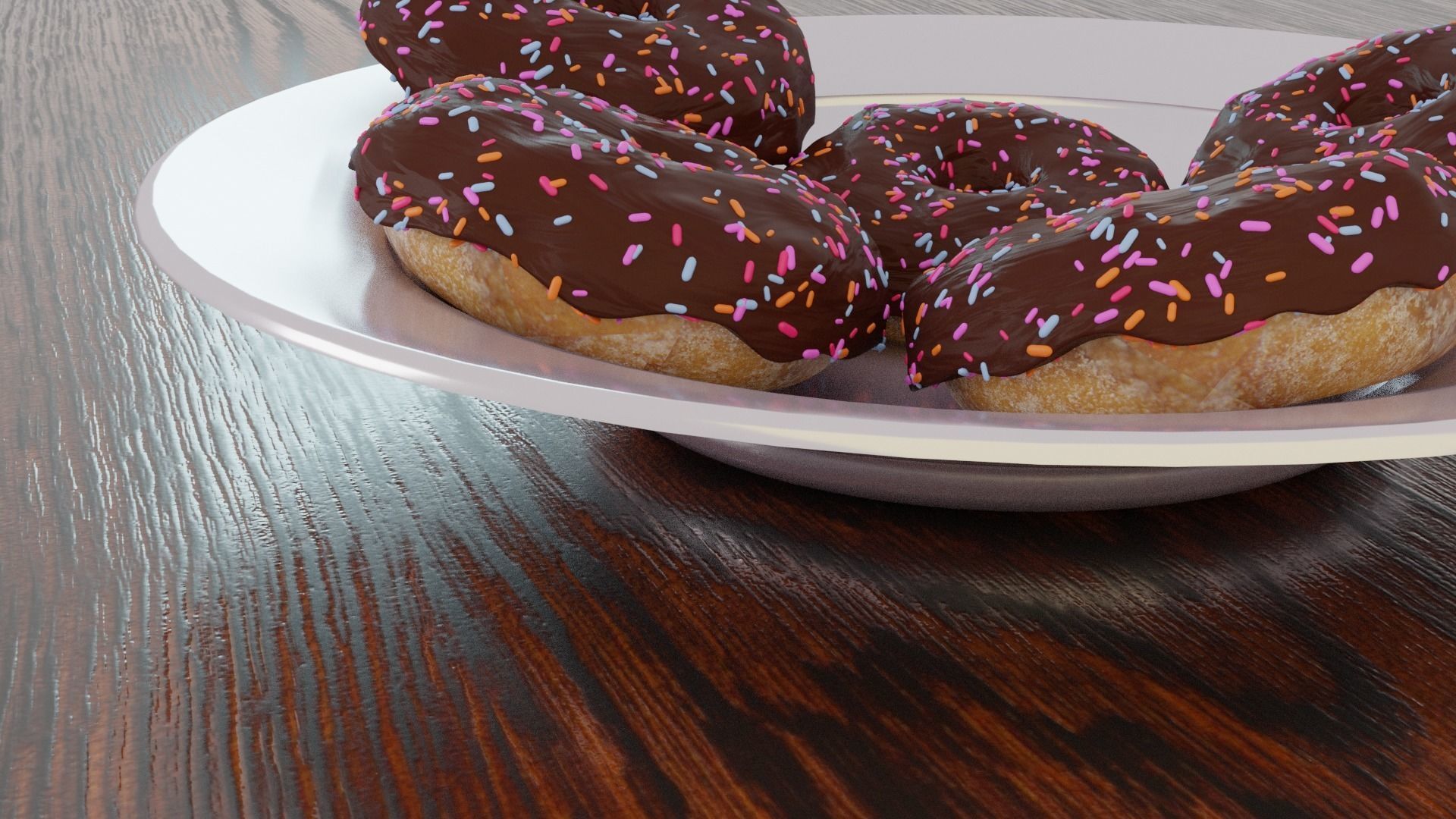 Donuts chocolate on plate on wooden table 3D model_4