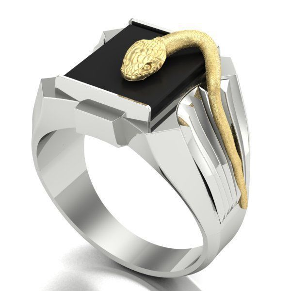 mens ring with black stone and snake Two options 3D print model_6