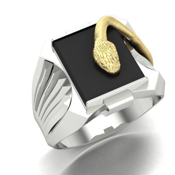 mens ring with black stone and snake Two options 3D print model_2