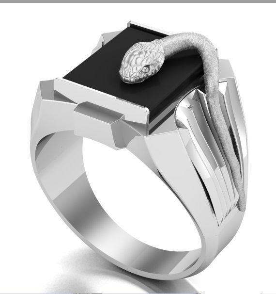 mens ring with black stone and snake Two options 3D print model_4
