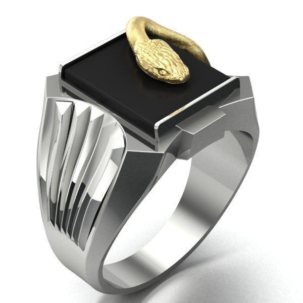 mens ring with black stone and snake Two options 3D print model_1