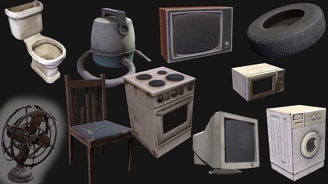 Set of 10 low-poly items for landfill Low-poly 3D model