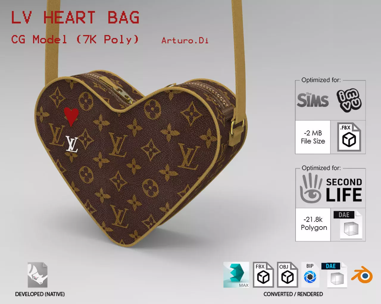 LV Pattern Heart bag Low-poly 3D model_0