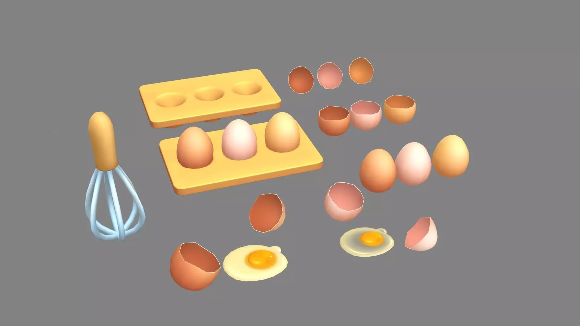 Cartoon eggs-egg tray-egg beater-eggshell-yolk-broken egg Low-poly 3D model_0