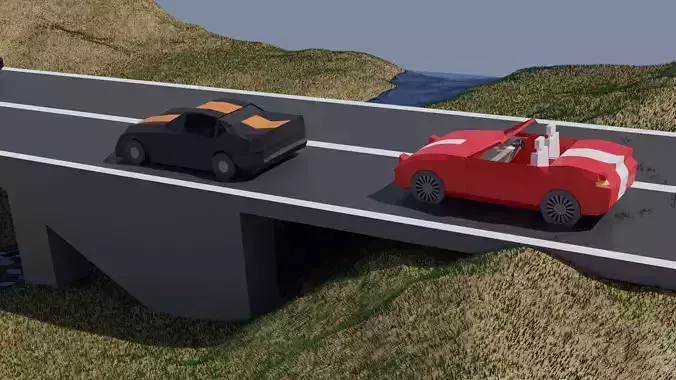 Roadway with 4 cars  low poly model
