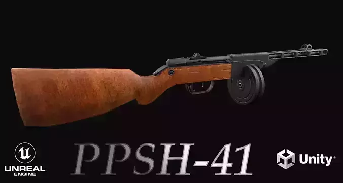 PPSh-41 Low-poly PBR 3D model wooden rifle