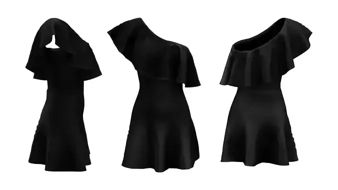 Flounced One Shoulder Black Dress