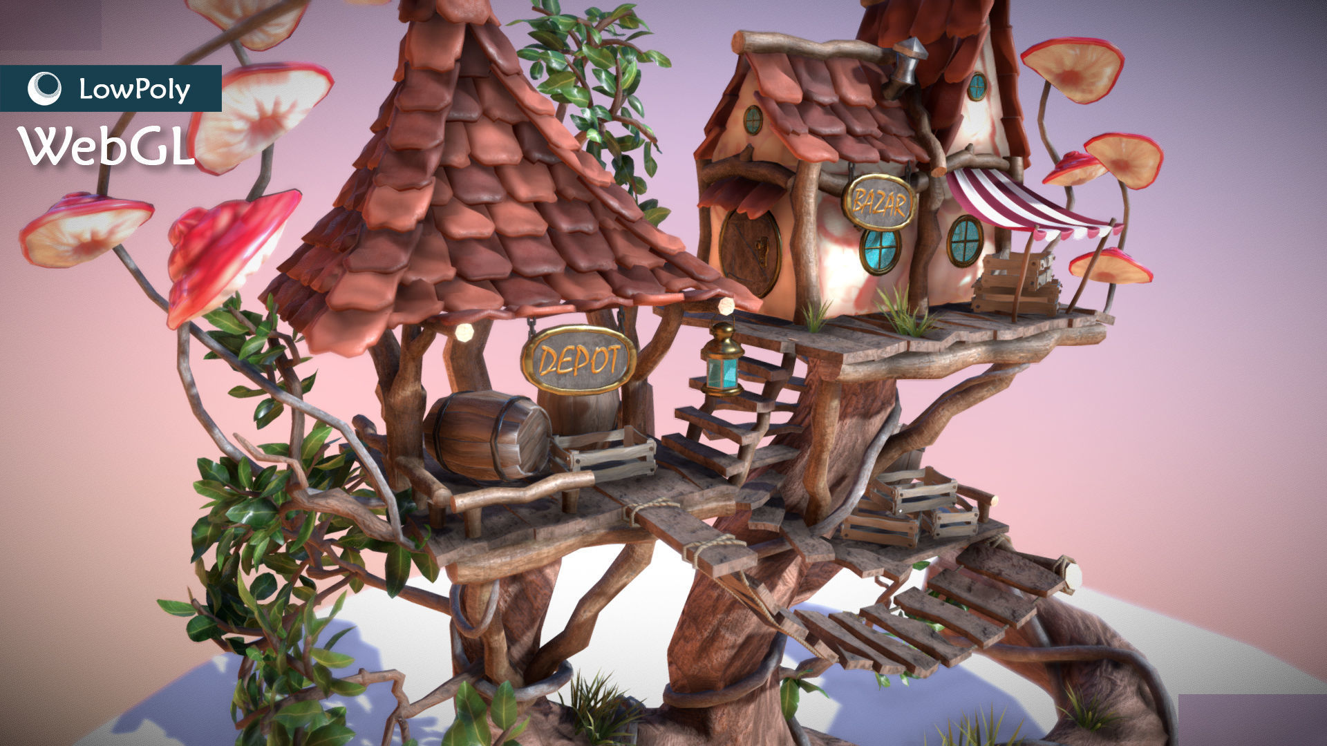 Subdivision LowPoly Fairy Treehouse Low-poly 3D model_35