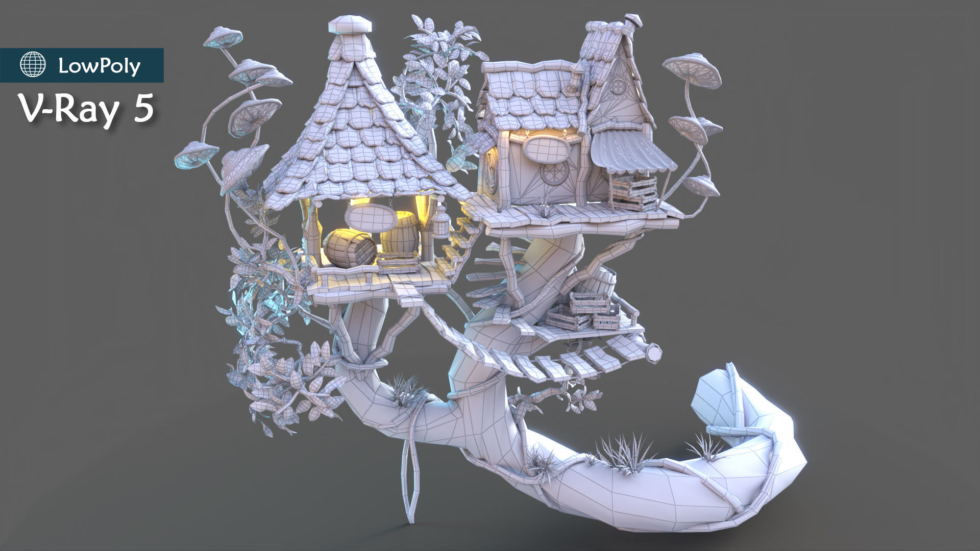 Subdivision LowPoly Fairy Treehouse Low-poly 3D model_11