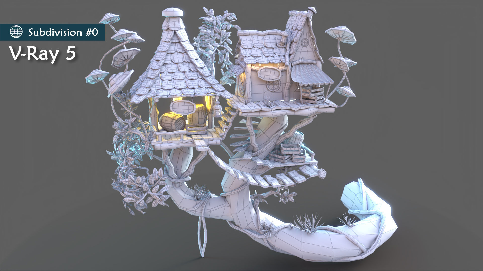 Subdivision LowPoly Fairy Treehouse Low-poly 3D model_12