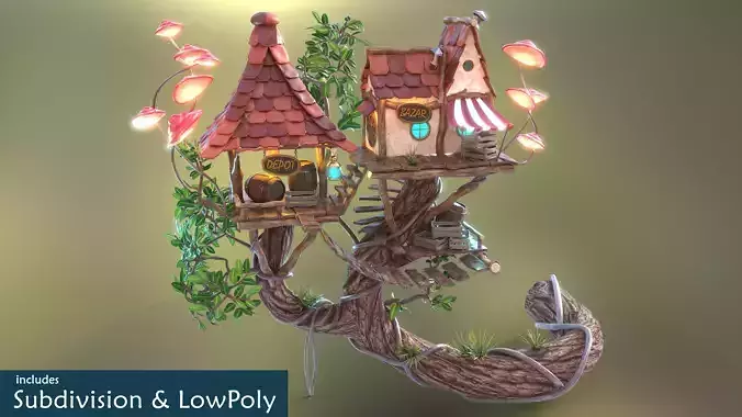 Subdivision LowPoly Fairy Treehouse Low-poly 3D model