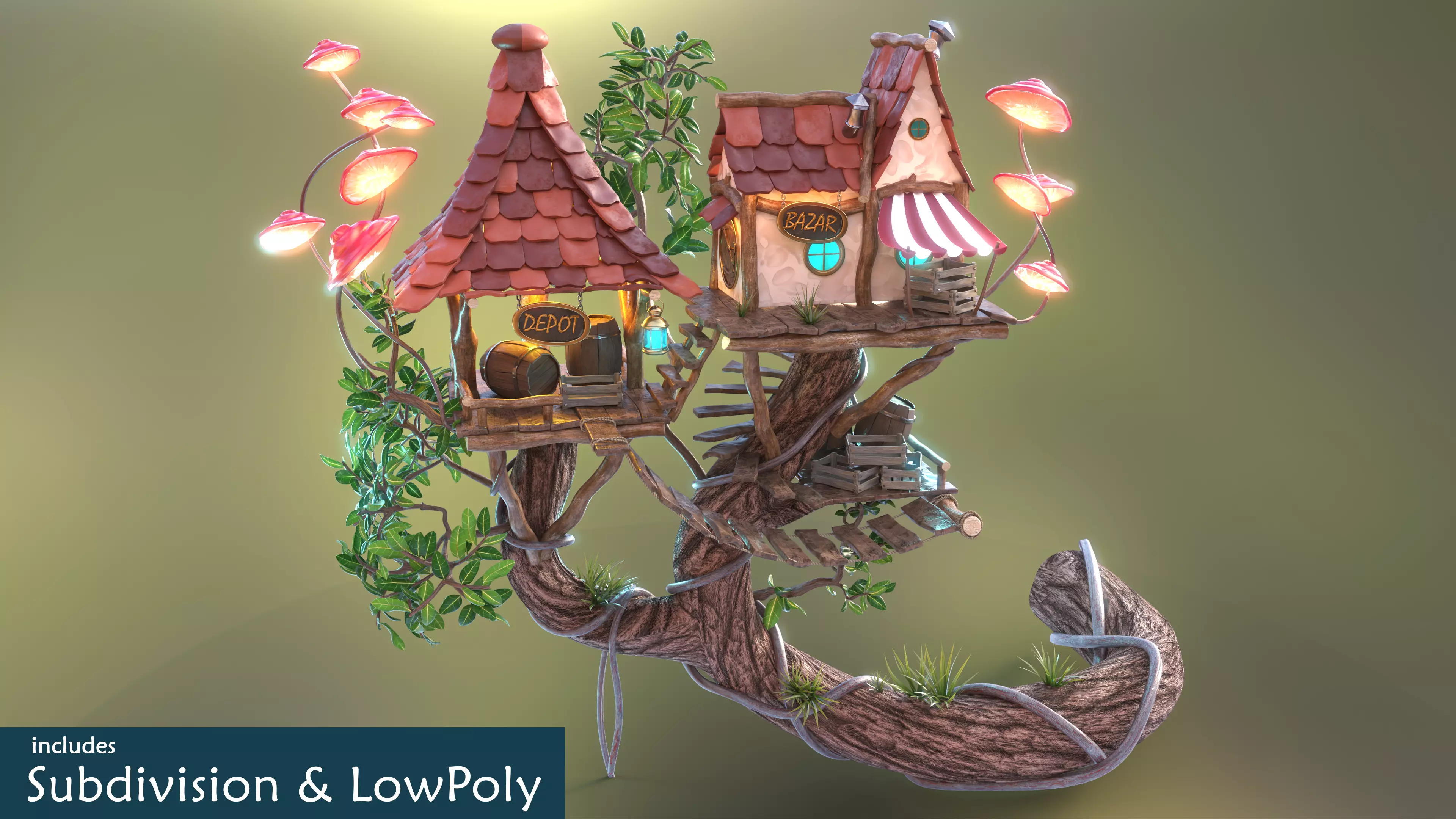 Subdivision LowPoly Fairy Treehouse Low-poly 3D model_0