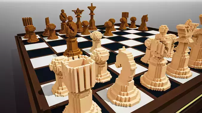 3D Glass and wood voxel chess set with board Low-poly 3D model